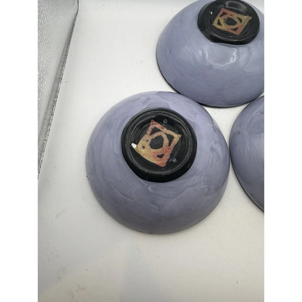 Set of 3 Hand Painted Art Pottery Bowls Purple Poppy Ladybug Signed Studio